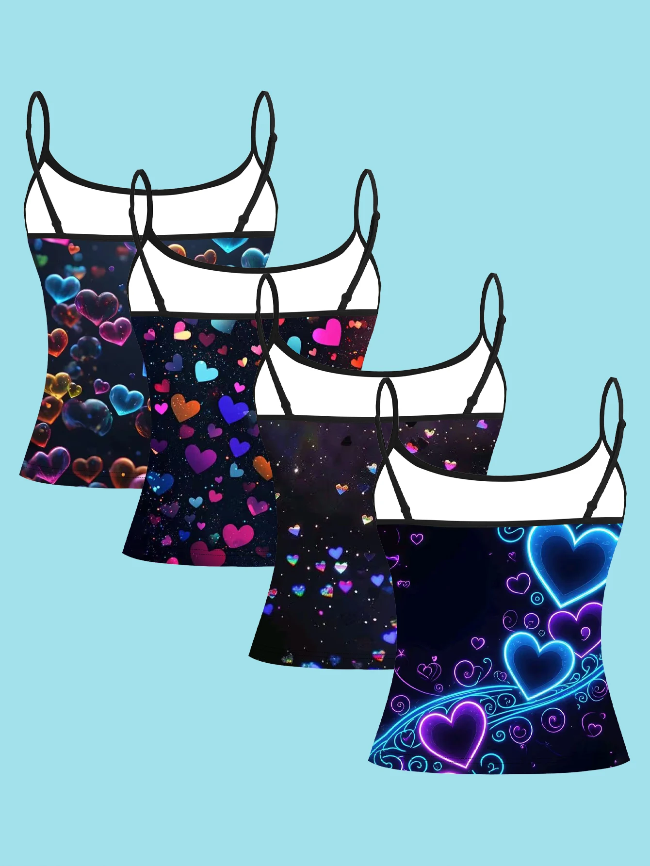 Women's 4-Piece Set of Printed Camisoles with 3D Colorful Bubble Hearts, All-Over Colorful Small Hearts, Galaxy Starry Sky Fragmented Hearts, Blue-Purple Neon Glowing Large Heart Patterns, Slim-Fit, Flattering, Outerwear Sleeveless Tops