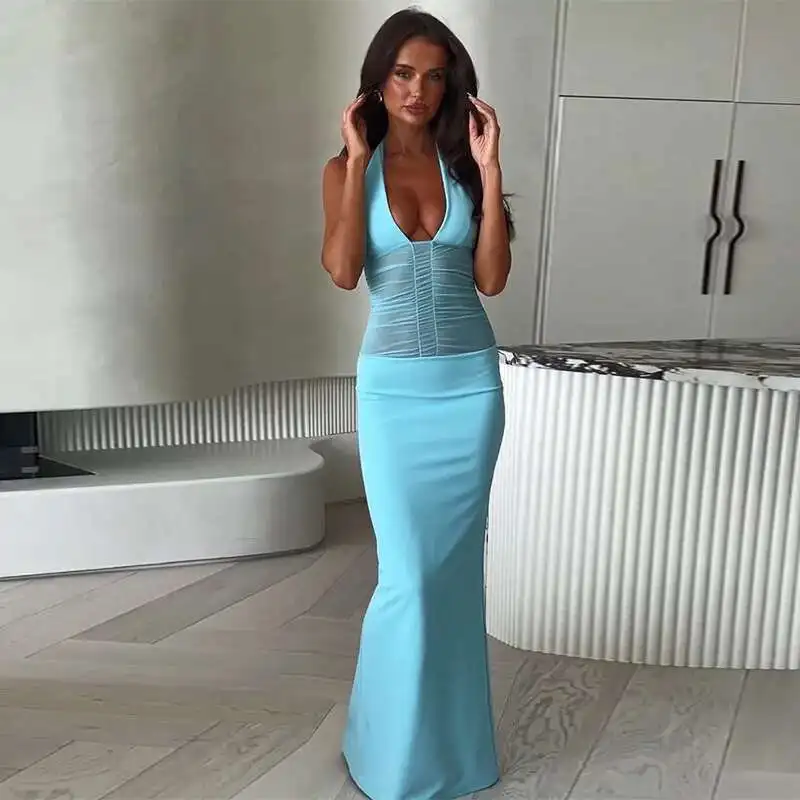 

Neck Jy25036dgo Women's Hanging Mesh See Through Dress, Summer Backless V-neck Pleated Long Dress Dress Robe Vestido Women
