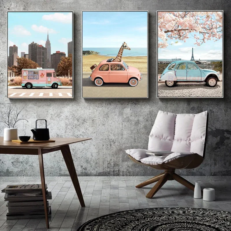 Mosaic Diamond 5D DIY 3PCS Vintage Car City Giraffe Full Diamond Painting Cross Stitch Kits European building Home Decor