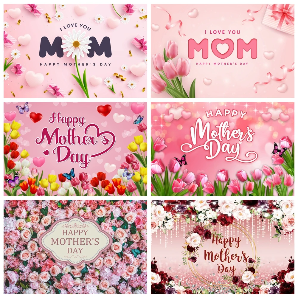 

Happy Mother's Day Backdrop Pink Rose Floral Flower Thanks Mothers Day Women Birthday Photography Background Photo Booth Studio