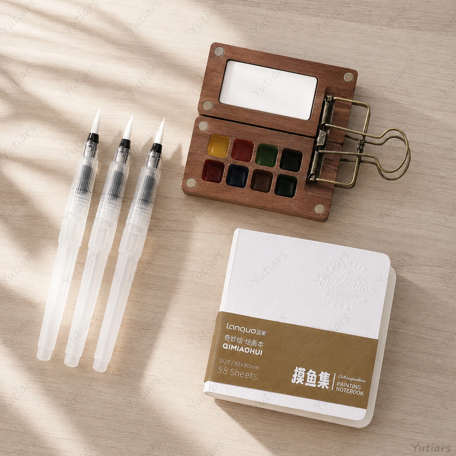 Portable Watercolor Set with Wooden Palette, 3 Water Brush Pens and Mini Sketchbook, Compact Art Kit for Painting and Drawing