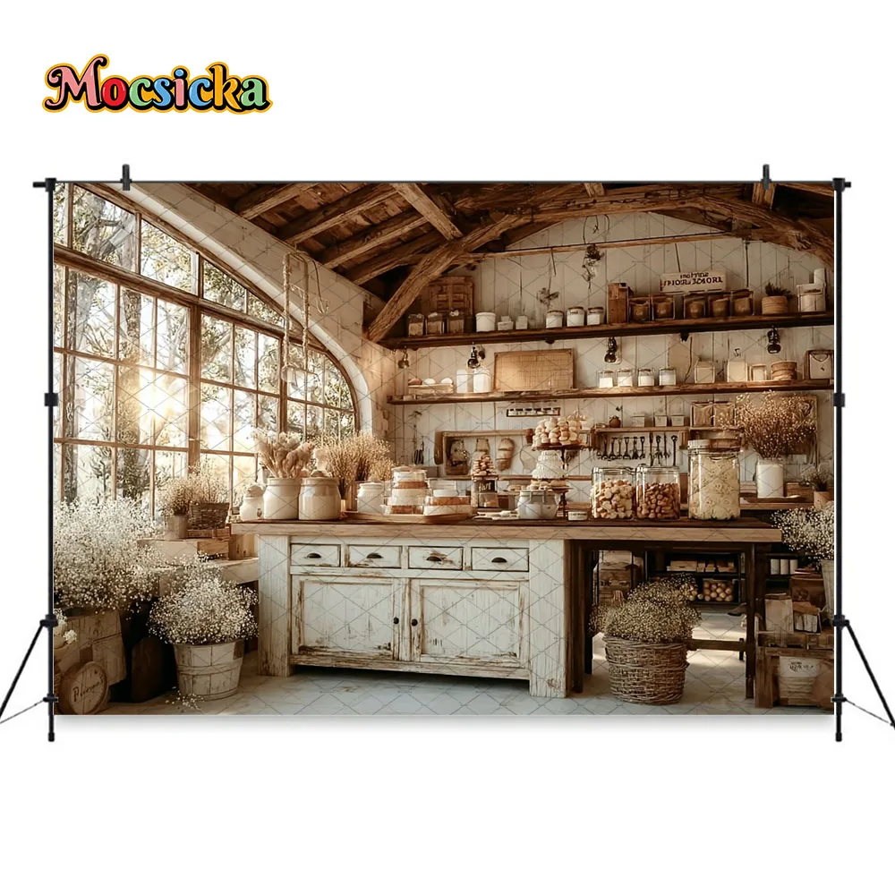 Mocsicka Rustic Bakery Background for Photography Interior Room Window Backdrop Kids Birthday Cake Smash Party Photozone Studio