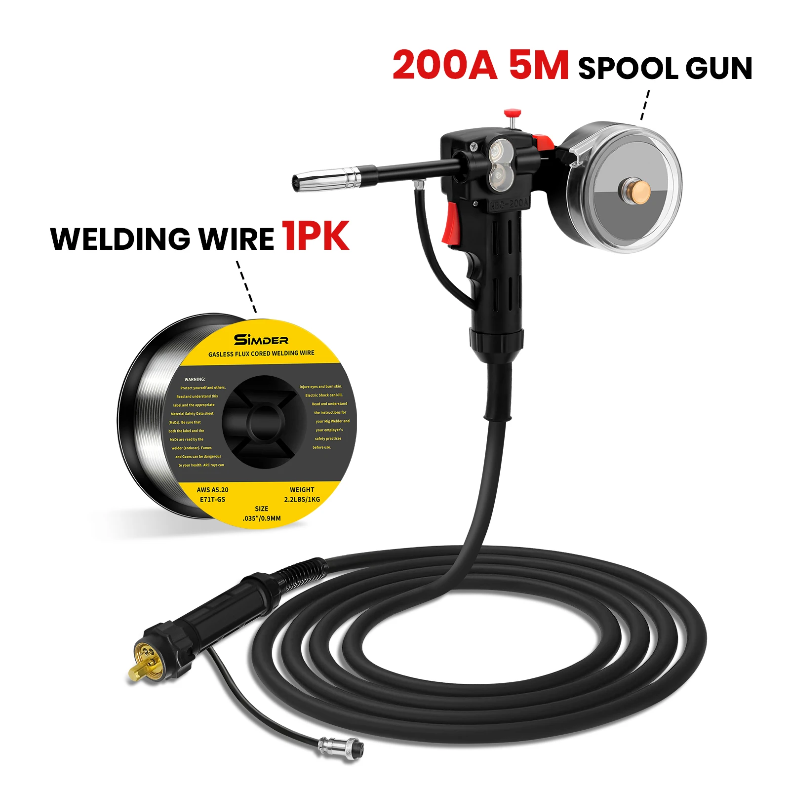 SSIMDER Spool Gun 16ft 200 Amp Aluminium Welding Spool Gun Mendukung 2 LBS Fluks Inti Kawat Euro Koneksi