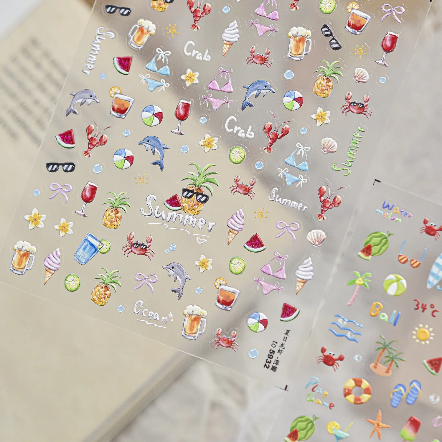 Ocean Island 5D Nail Stickers Seagull Starfish Conch Shell Palm Tree Beach Chair Drink Crab Ice Cream Sunglasses Vacation Decal view 5