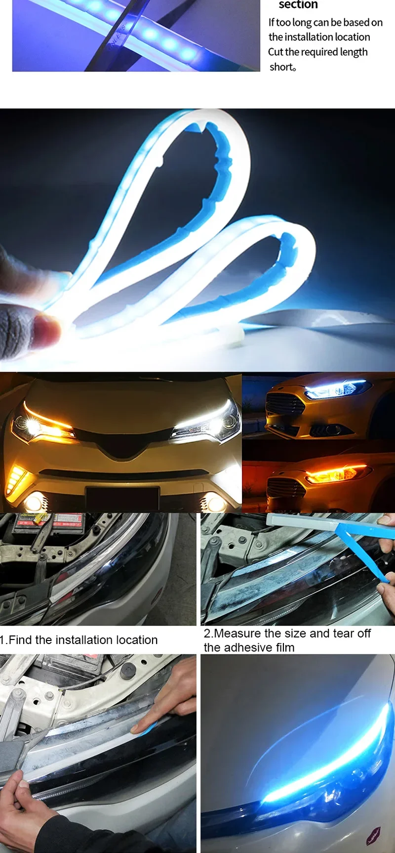 LED-Tagfahrlicht Flexibler Wasserdichter Streifen Auto-Scheinwerfer Weiß Blinker Gelb Bremslicht Fließende Lichter 12V – Detail 5