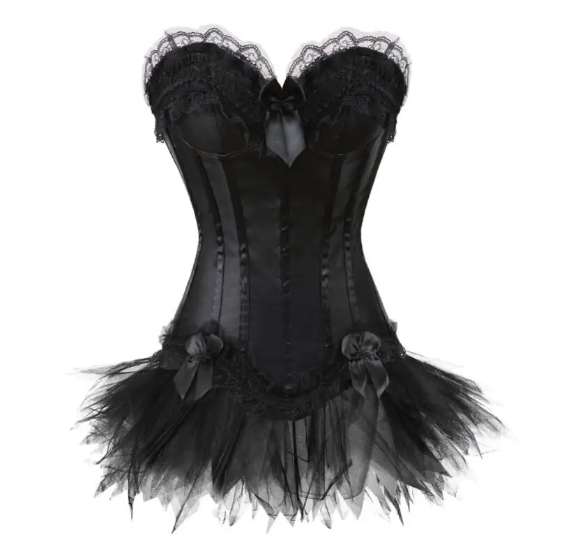 Gothic Sexy Corset Dress Bowknots Boned Bustier Burlesque Waist Trainer Body Shaper Slimming Lace Corset Tops With Mini Skirt