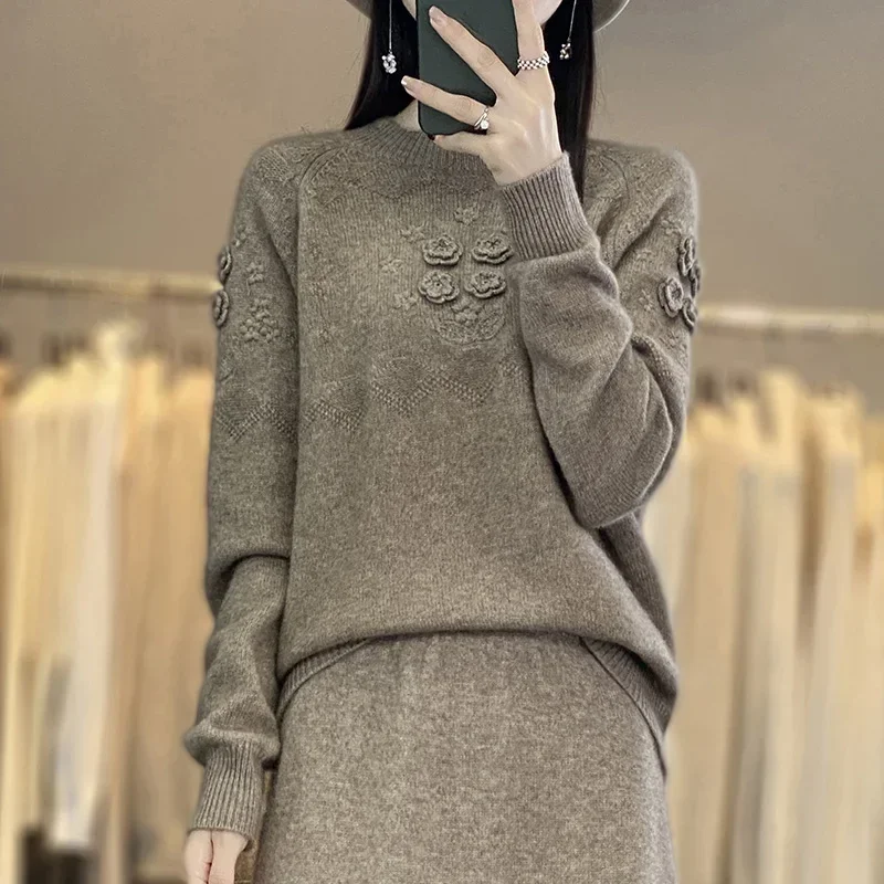 100% Merino Wool Sweater Women's Knitted Long Sleeve Half High Collar Women's Sweater Comfortable and Soft 2023 New