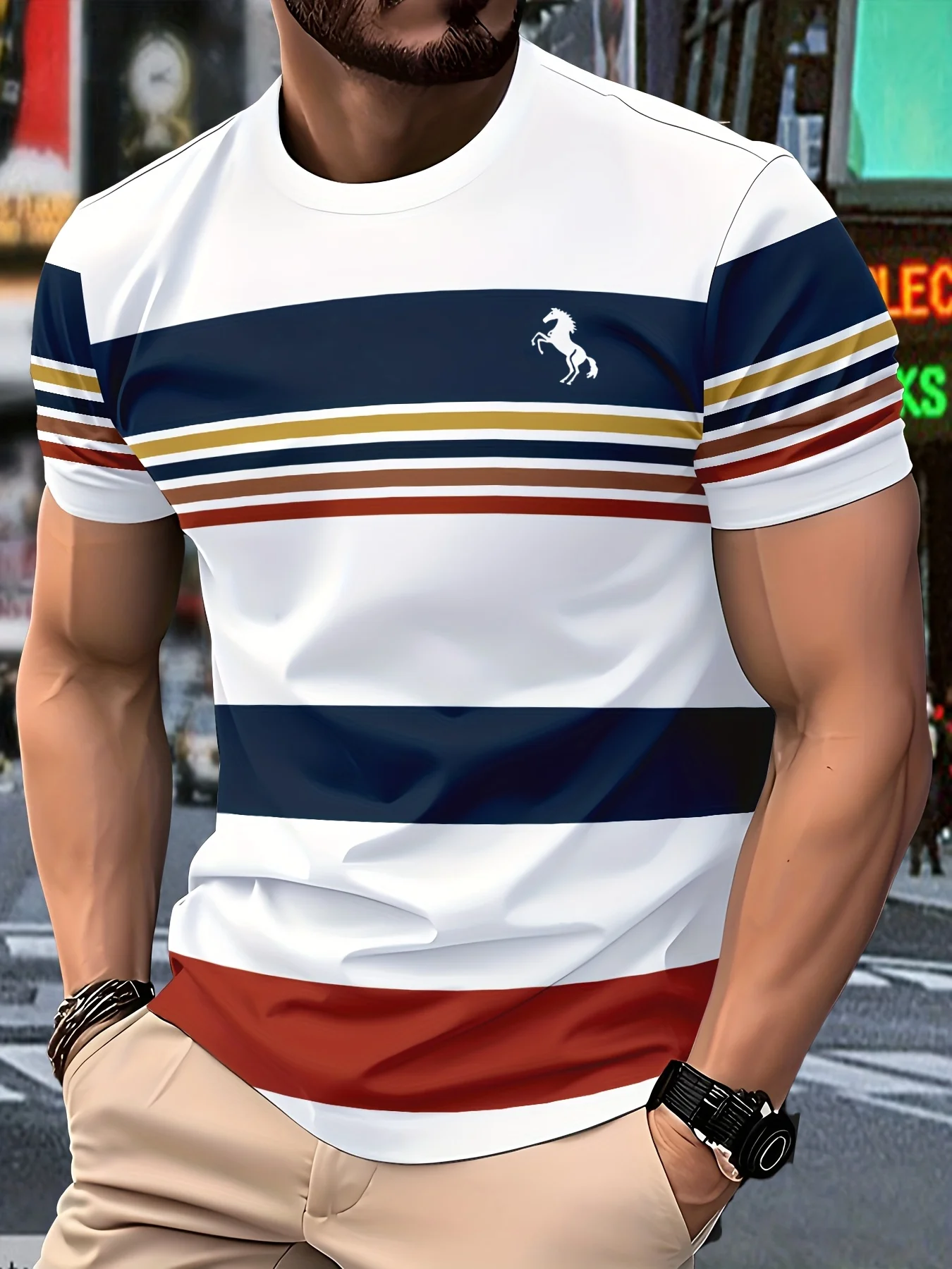 Mens Fashion Striped Tee, White Base Navy Red Yellow Stripes With Horse Emblem Short Sleeve Crew Neck Daily T-Shirt