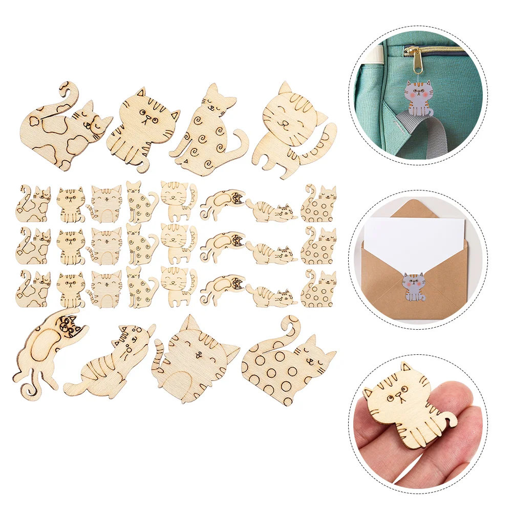 

50 Pcs DIY Cat Cutouts Graffiti Accessory Shape Wooden Chips Carving Vintage Child