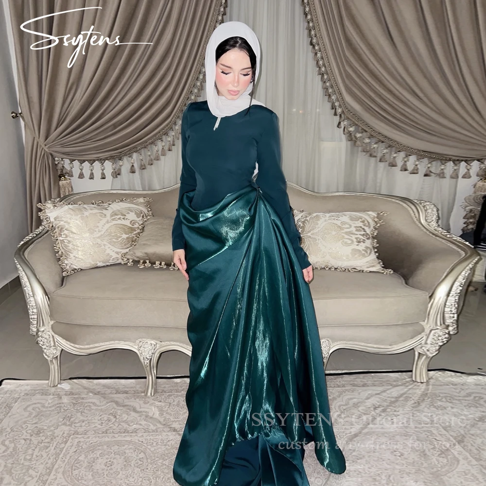 

SSYTENS Modest Green Evening Dresses O Neck Full Sleeves Formal Occasion Party Dress Elegant Draped Arabic Prom Gowns Customized