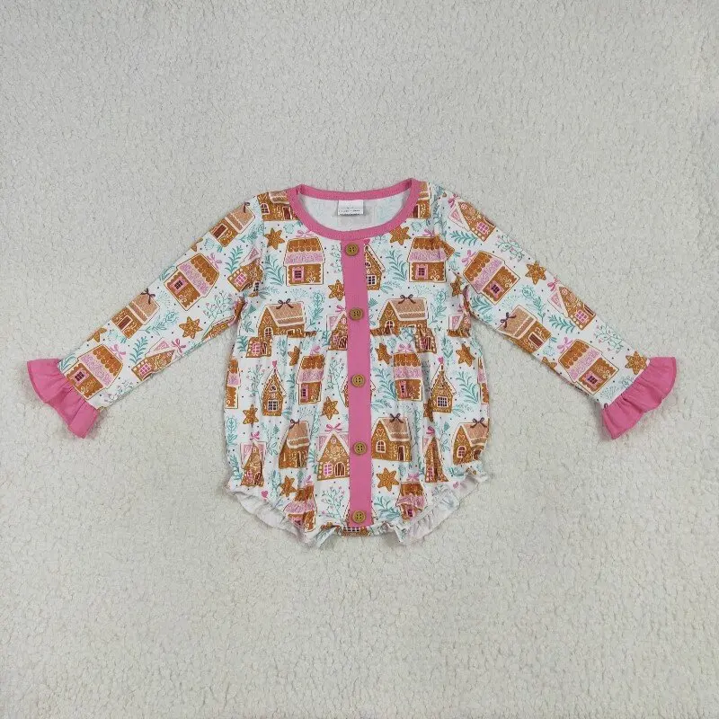 New girls rompers wholesale Christmas cookie house pattern rose red lace button long sleeve girls jumpsuit