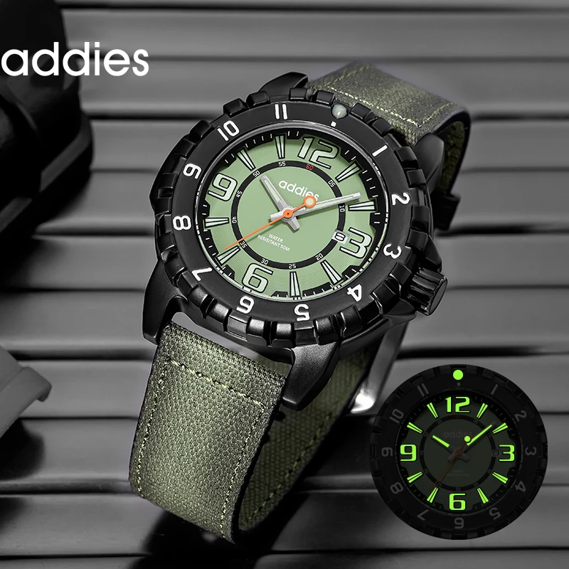 ADDISE 43mm Men's Quartz Watch 50m Water Resistance Canvas watch strap Luminous Hands Date Function Stylish Outdoor Men's Watch