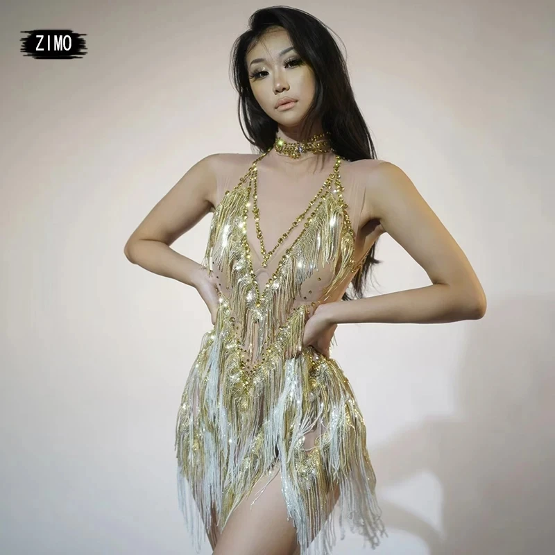 Body Sexy con flecos y lentejuelas y diamantes de imitación para mujer, traje de espectáculo en escenario con perspectiva de malla para fiesta de baile latino, trajes de drag queen para club