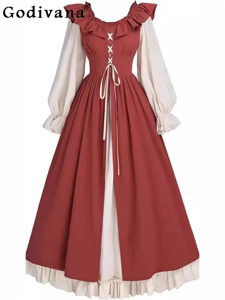 

Large Size L-5XL Female Retro Lace Round Neck Long Sleeve Dress Spring Autumn High Waist Splicing Temperament Ruffles Dresses