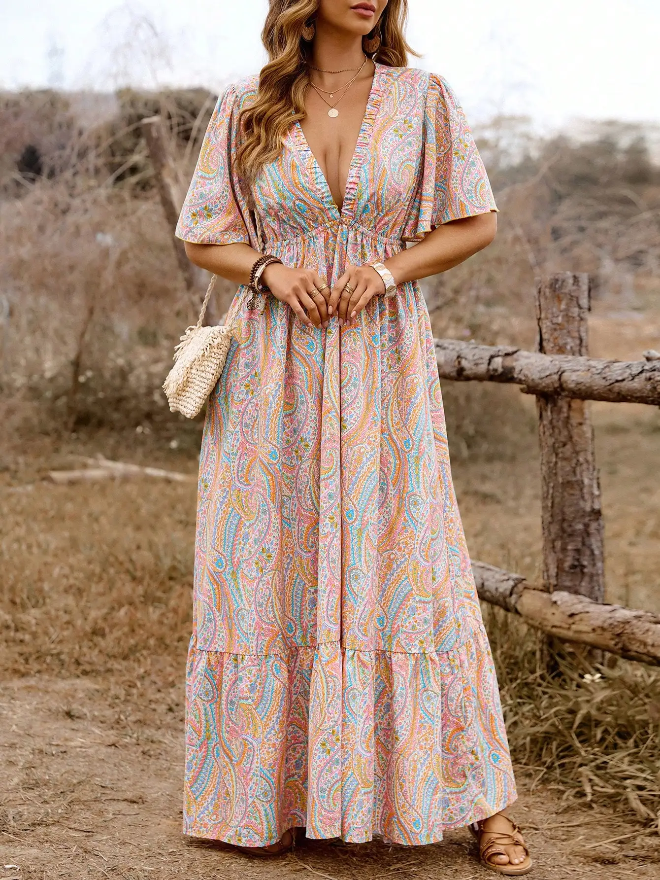 

Boho Style Colorful Paisley Print V-Neck Ruffle Sleeve Maxi Dress