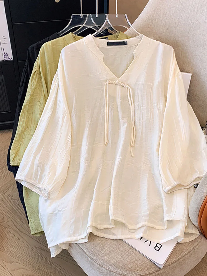 150Kg Plus Size Women's Bust 160 Summer Loose National Style V-Neck Medium Sleeved Button Pullover Shirt 5XL 6XL 7XL 8XL 9XL