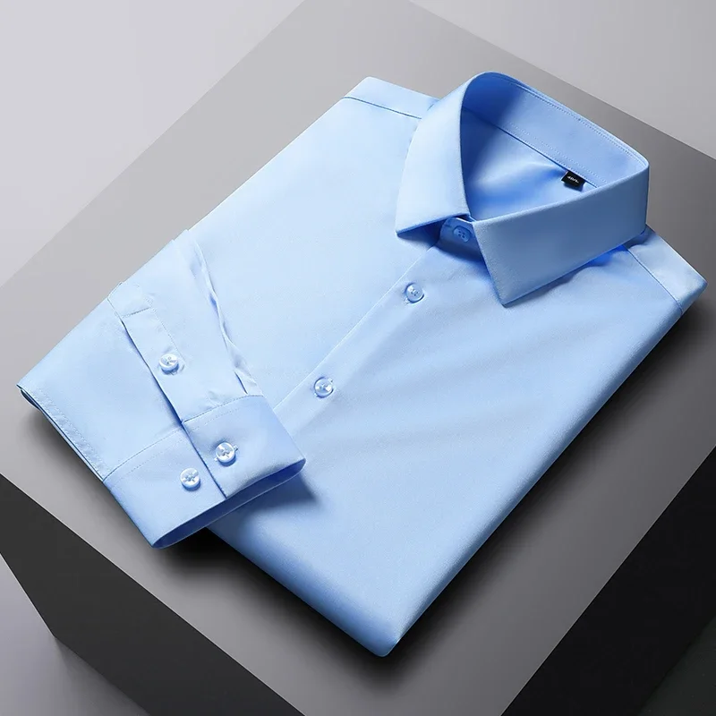 elastic long-sleeve shirts for men shirt slim fit formal plain shirt soft wrinkle free solid color designer office white clothes