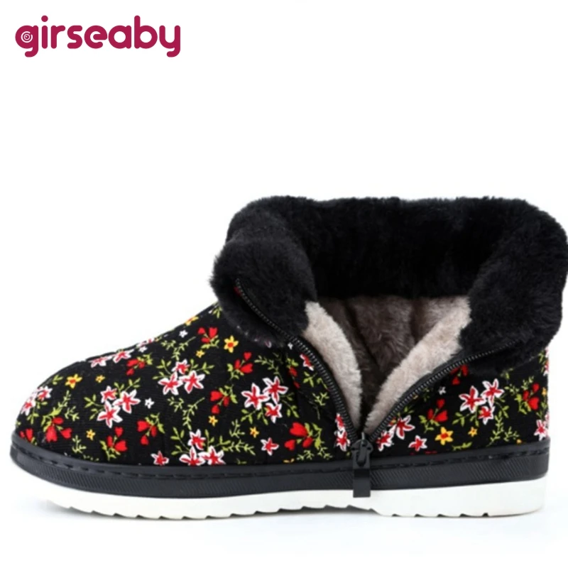 Girseaby Winter Cute Warm Plush fur Mid-Calf boots Floral Folk-custom Cotton Flat Flock Big size 36-45 Black Blue Red F1046