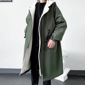 Men's Korean-Style Fleece-Lined Long Trench Coat 2 Autumn Men Korean Style Trench Men Fashion Solid Color Casual Long Coat Male Streetwear Loose Windbreaker Men Fleece Overcoat 2