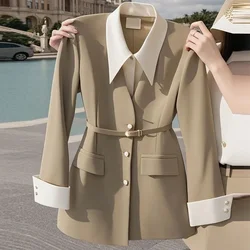Female Spring Autumn Blazer 2025 High-Quality Temperament Designed Small Fragrance And Fake Two Pieces Khaki Suits Jackets Top