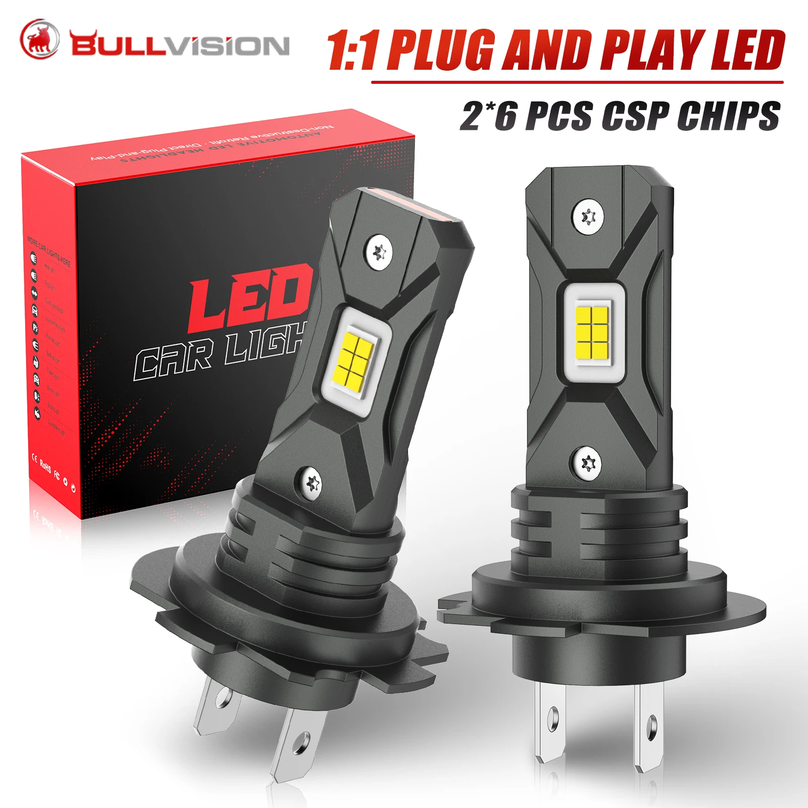 Bullvision H7 LED Headlight Bulbs Canbus No Error 1:1 Mini Car Light 6000K CSP 12V Turbo Headlamp Rapid Cooling Plug and Play