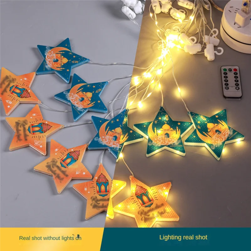 AA87 EID Mubarak Ramadaled Star Moon Colored Lights Strings Indoor Ambiance Decoration Hanukkah Battery Pack Curtain Light, Dura