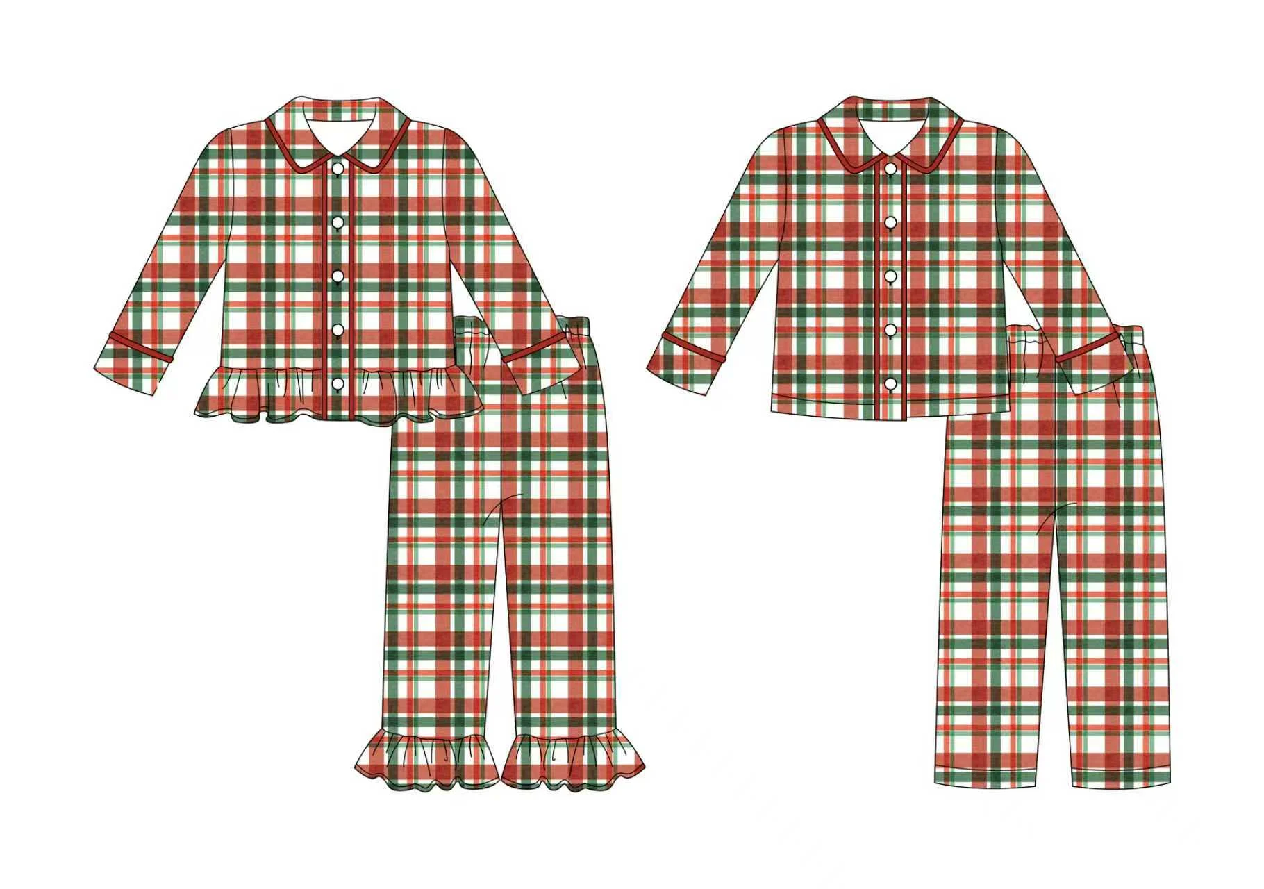 Christmas and autumn new red and green plaid print boys and girls milk silk material boutique pajamas set
