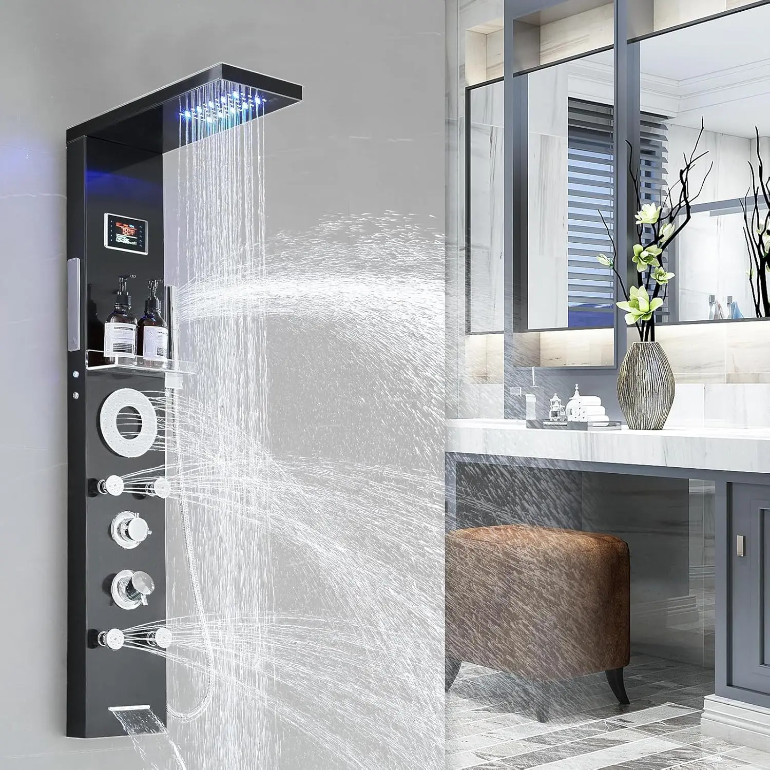 

Matte Black Shower Panel Tower System 5 Function Shower Faucet Set LED Light Rainfall Shower Head Digital Display with Massage