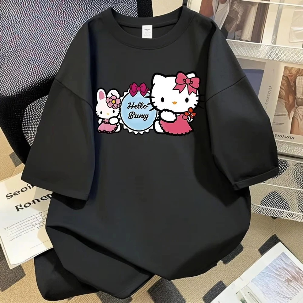 

MINISO Summer Cotton Loose Cotton Kt Cat Print Male and Female Student Design Sense of Lazy Style Romantic Short-sleeved T-shirt