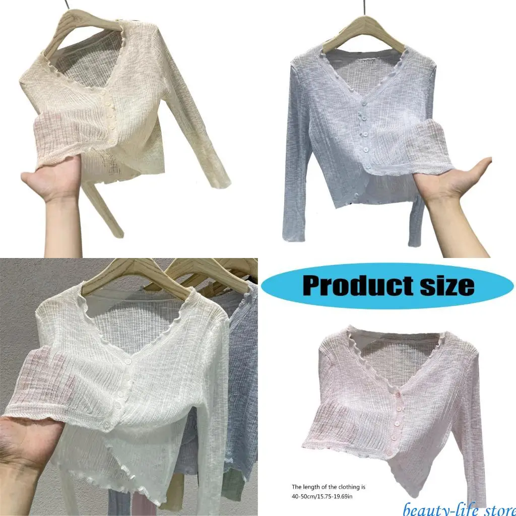 

Ice Silk Long Sleeve Crop Top Women Knit Cardigan Fit Lightweight Outerwear 517D