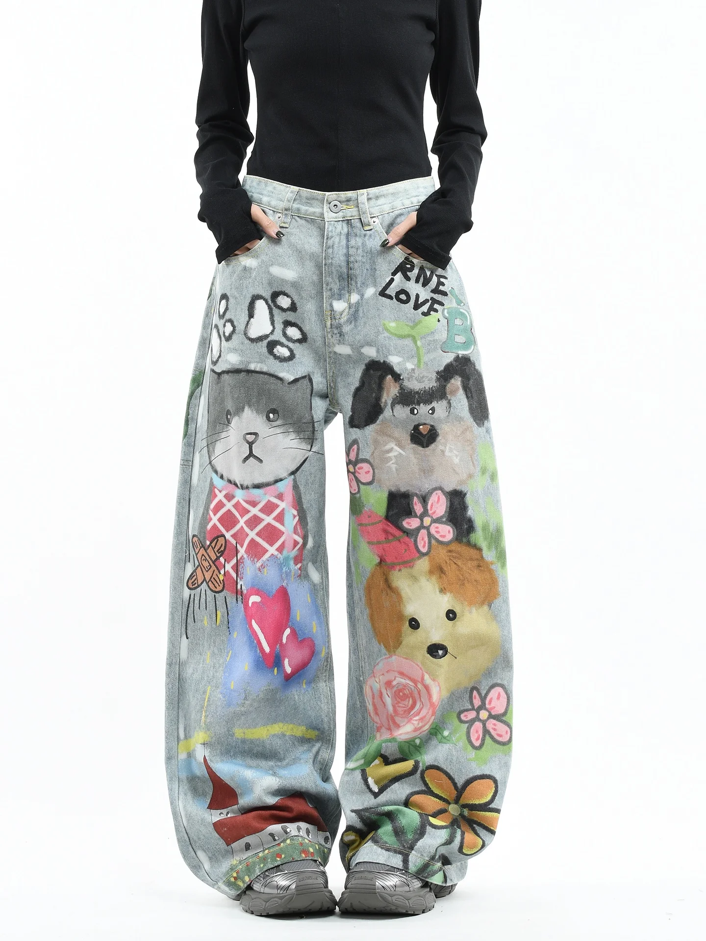 

Washed Denim Wide Leg Loose Fit Men's Cartoon Dog Graffiti Jeans Casual Comfortable Blue Cotton Trousers for All Seasons