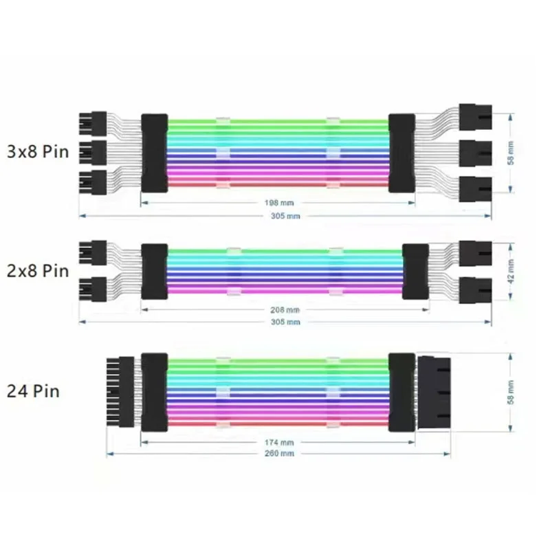 ARGB PSU-Câble d'extension d'alimentation RVB pour ordinateur, ATX, 24 broches, PCIe, GPU, touristes, triple 8 broches, 3x3 broches, carte mère