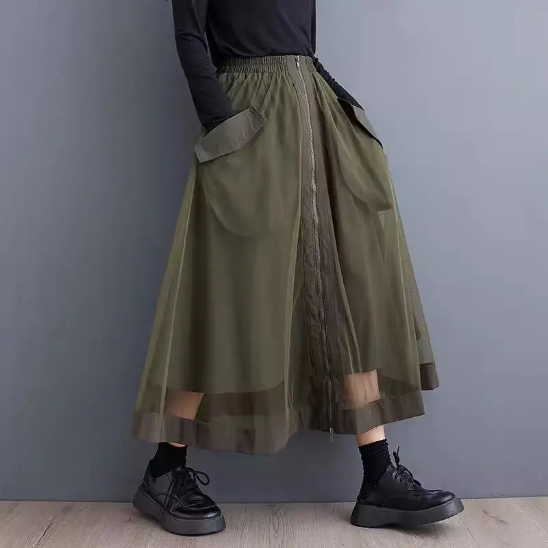 

2024 Summer And Autumn Skirt Design With Large Pockets Fashionable Solid Color Zipper Casual Mesh Skirt Casual Mujer Falda K2063