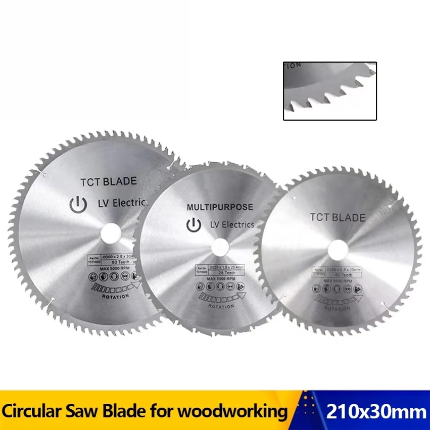 210x30mm Circular Saw Blade 24T 48T 60T 80T TCT Saw Blade Carbide Tipped Wood Cutting Disc For Power Tools