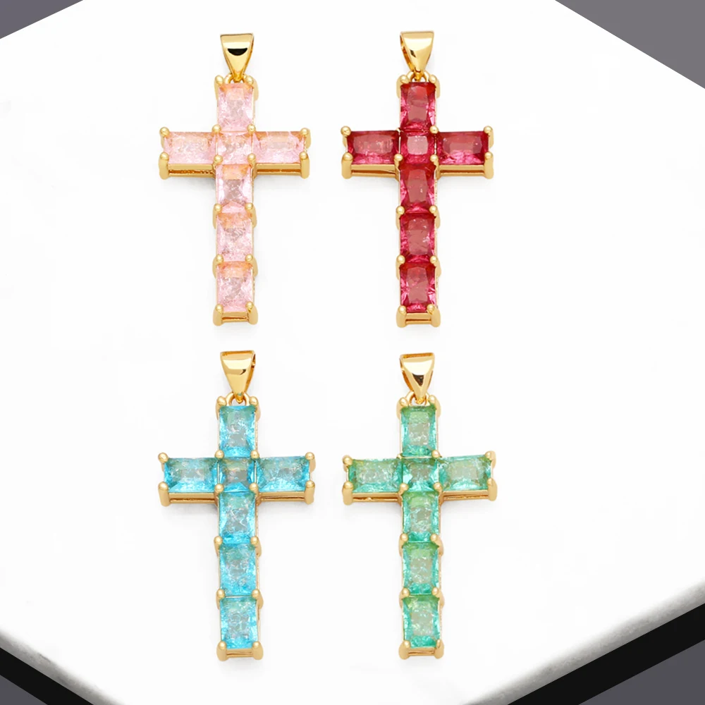 OCESRIO Multicolor Big Crystal Cross Necklace Pendant Copper Gold Plated Religous Crucifix Jewelry Making Component pdtb281