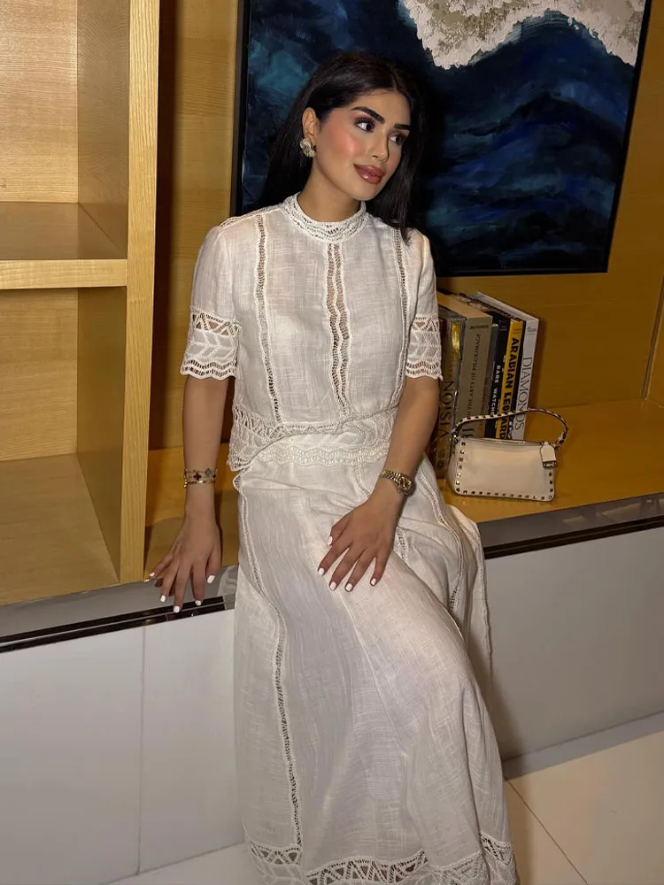 

TRAFZA Women's Solid White Skirt Suit O-Neck Crocheting Details Short-Sleeve Blouse With Side Zipper Pleated Midi Long Skirt