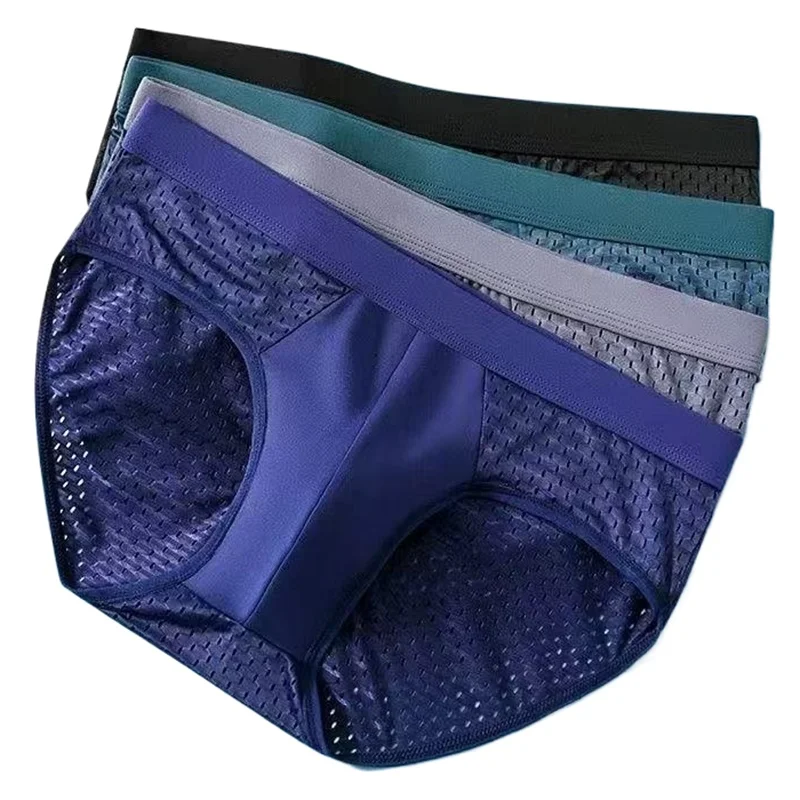 4Pcs/Lot Men's Ice Silk Underwear Sexy Briefs Breathable 3D Pouch High Elasticity Panties Antibacterial Comfortable Hollow Pants