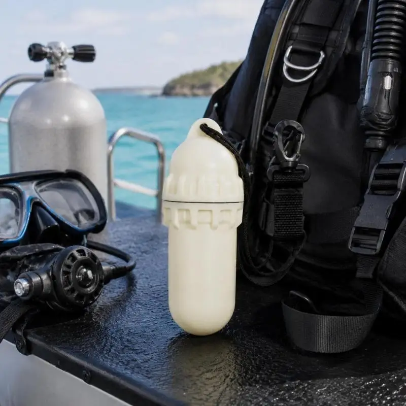 Small Water-Sports Accessory Container with Screw-Top Body, Connecting Cord and 360-Degree Rotating Snap-Hook Hardware 69HD