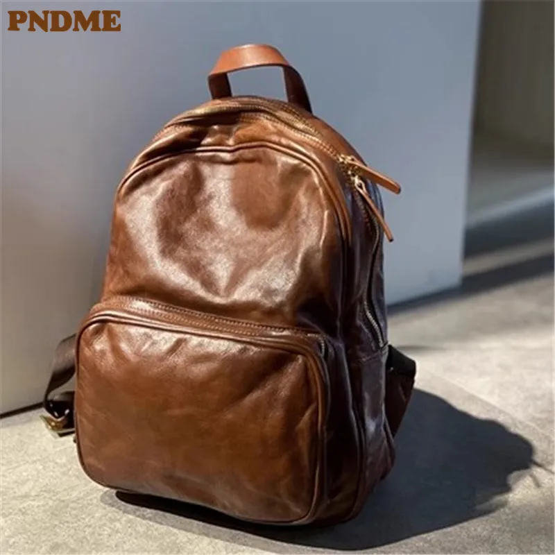 Simple vintage luxury genuine leather men\'s backpacks organizer designer outdoor casual travel real cowhide women\'s schoolbag