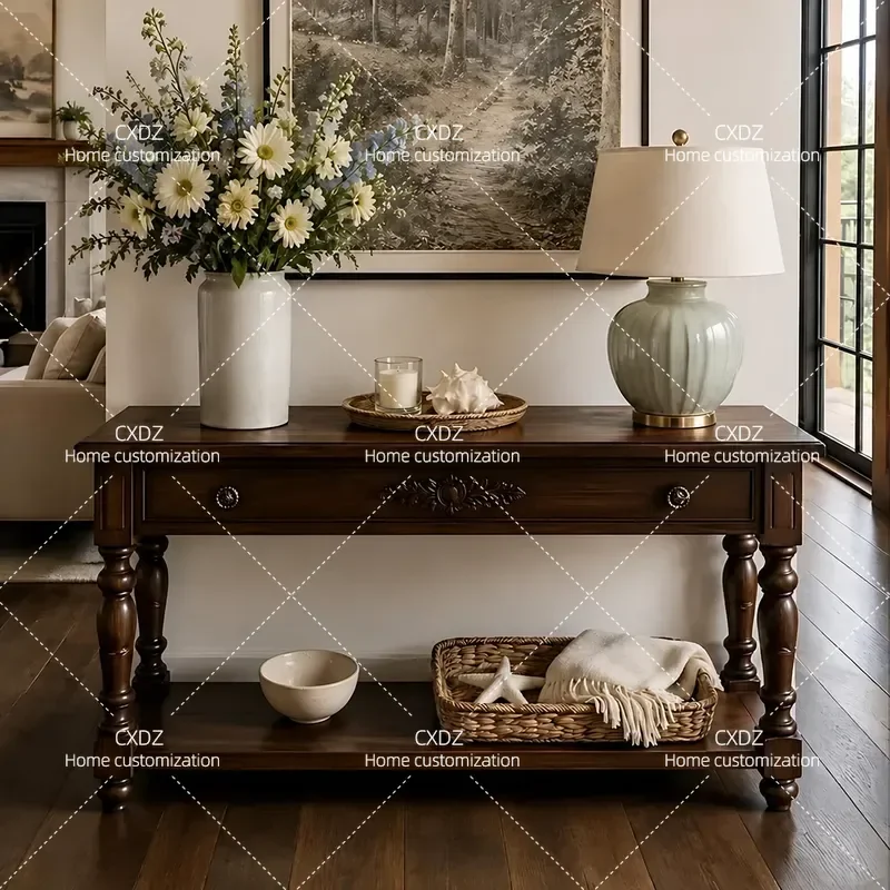Antique Semicircular Engraved Entrance Table Narrow Decorative Cabinet for Living Room Foyer Console Table Opposite Door