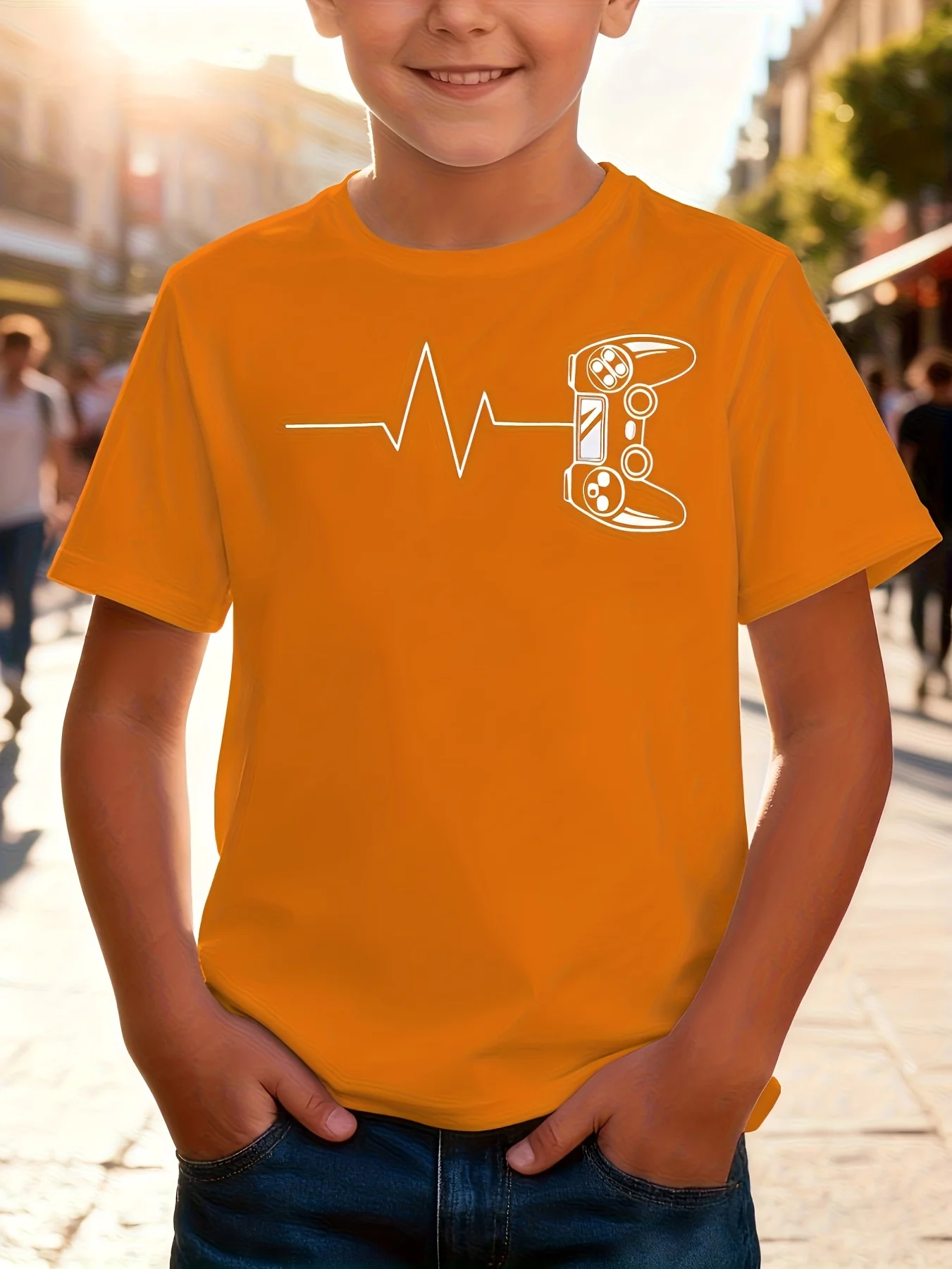 Gamer Heartbeat Game Controller Line Print Boys Girls Family Matching Cotton Short Sleeve Crew Neck Soft Summer Kids Casual Tees