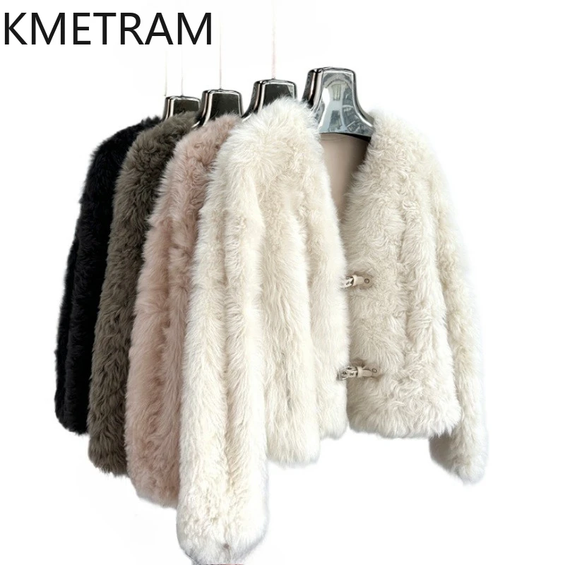 

100% Natural Tuscany Wool Sheepskin Double Faced Fur Jacket Woman V-neck Short Real Fur Coat Women Winter Clothes 2025 Fourrure