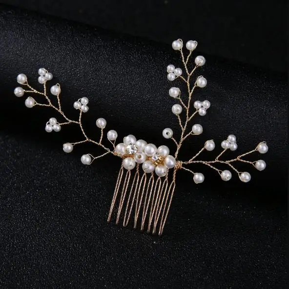 Hot Sale Gold Color Tiara Hair Combs For Women Bride Cheap Pearl Crystal Headpiece Wedding Hair Accessories Bridal Jewelry