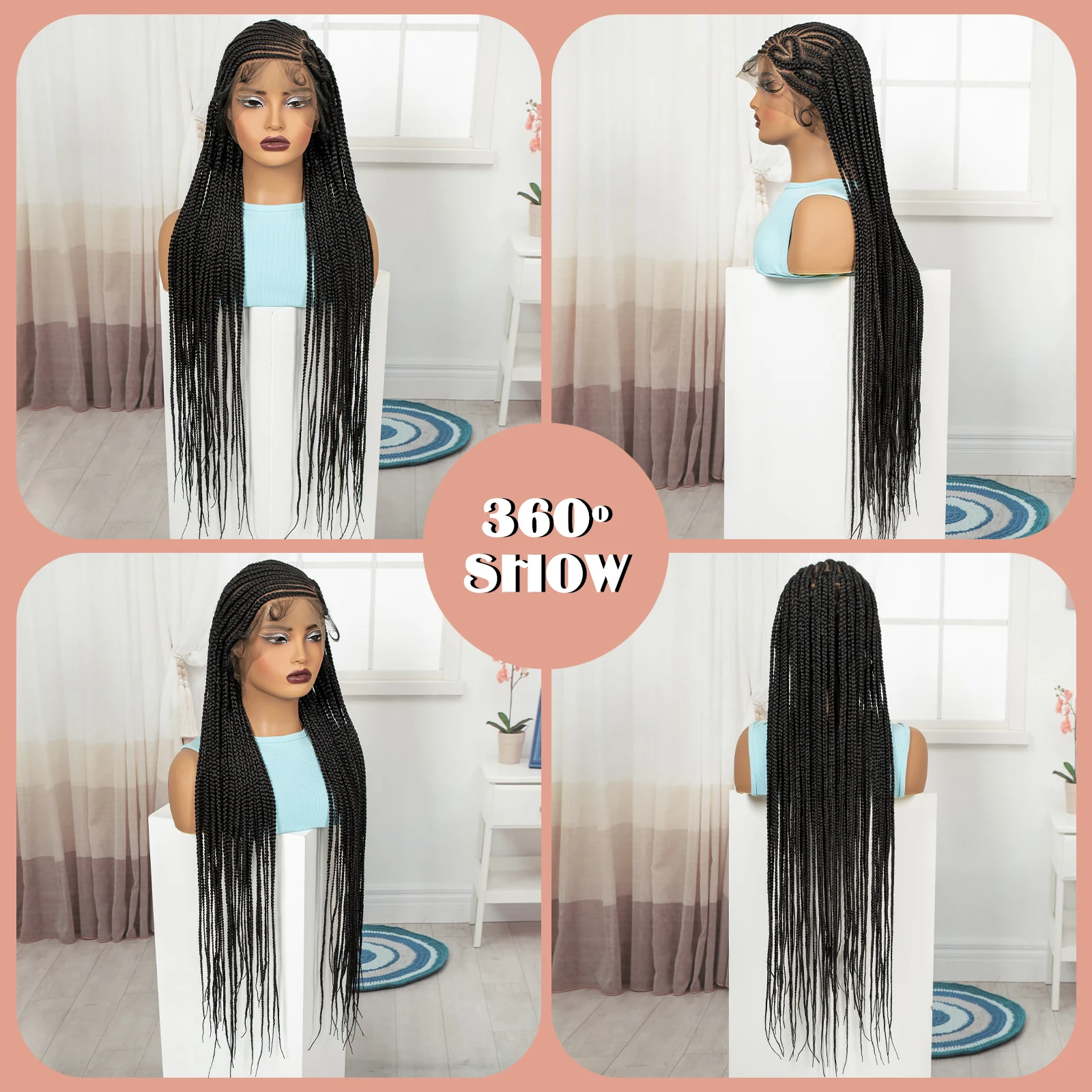 Perucas Trançadas de Renda Completa 36 polegadas, Cabelo Sintético Trançado, Perucas de Renda Trançada em Caixa com Cabelo de Bebê para Mulheres Negras