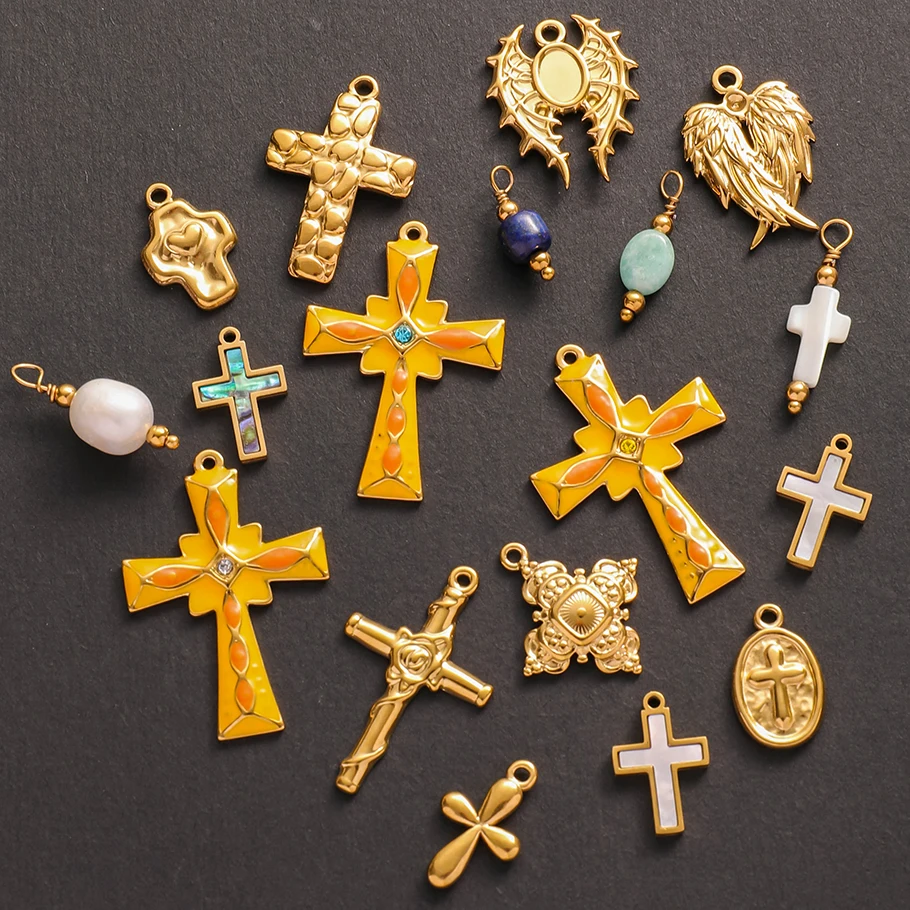 5pcs/Lot Cute Angel Wings Girl Charm Gold Color Stainless Steel Cross Pendants For Jewelry Making DIY Earrings Necklace Keychain