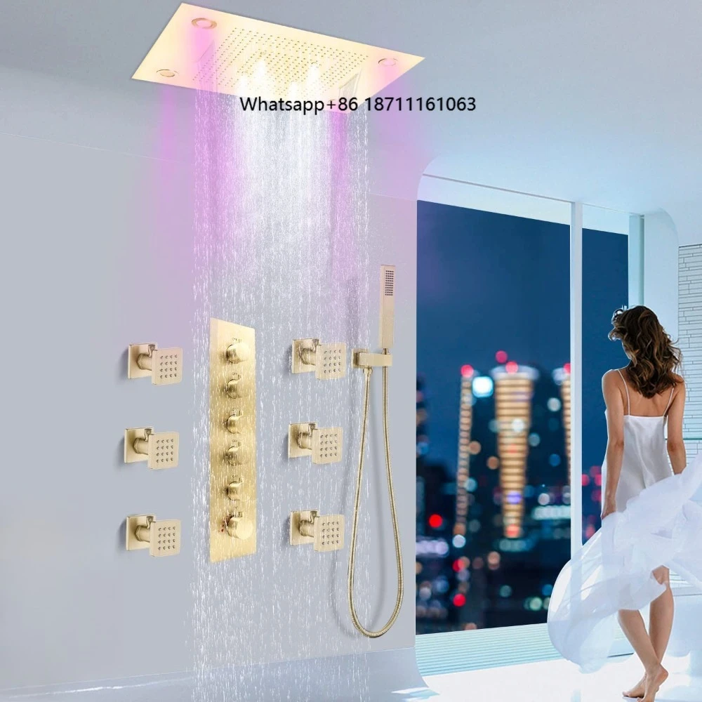 Large 23x31inches 7Colors LED Thermostatic Modern Brass Bathroom Shower System Set Brushed Gold Multi Function Jet Rain Massage