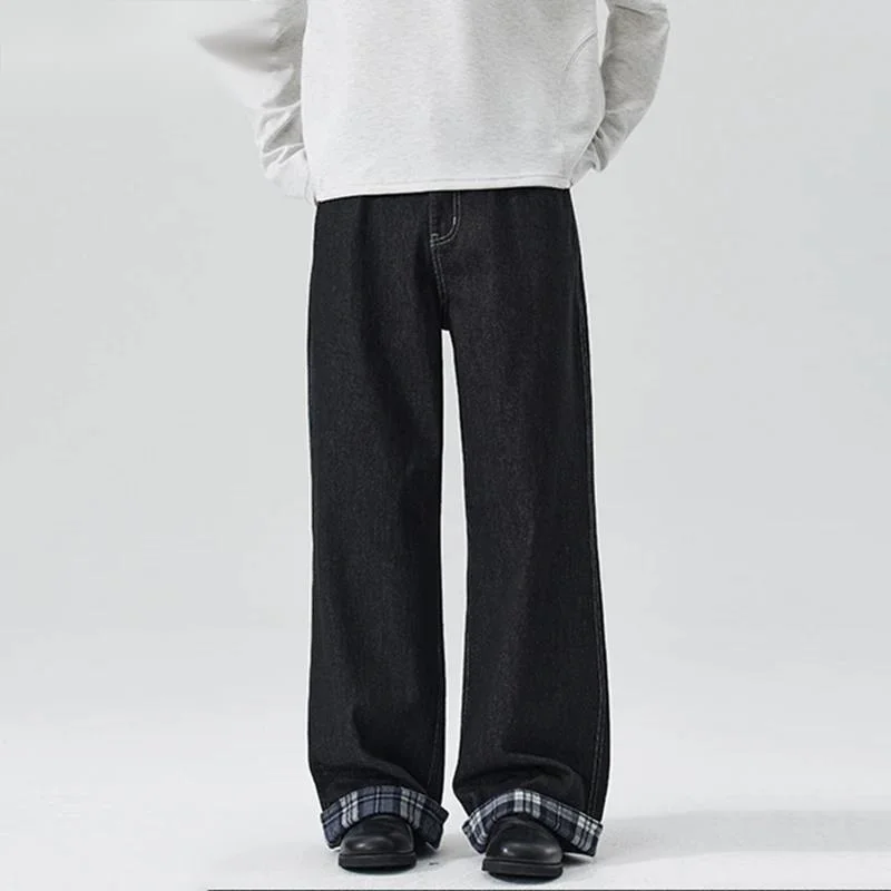 

Men's Denim Black Jeans 2026 New American Style Trendy Plaid Bottoms Patchwork Raw Long Pants Loose Straight Trousers X0E19