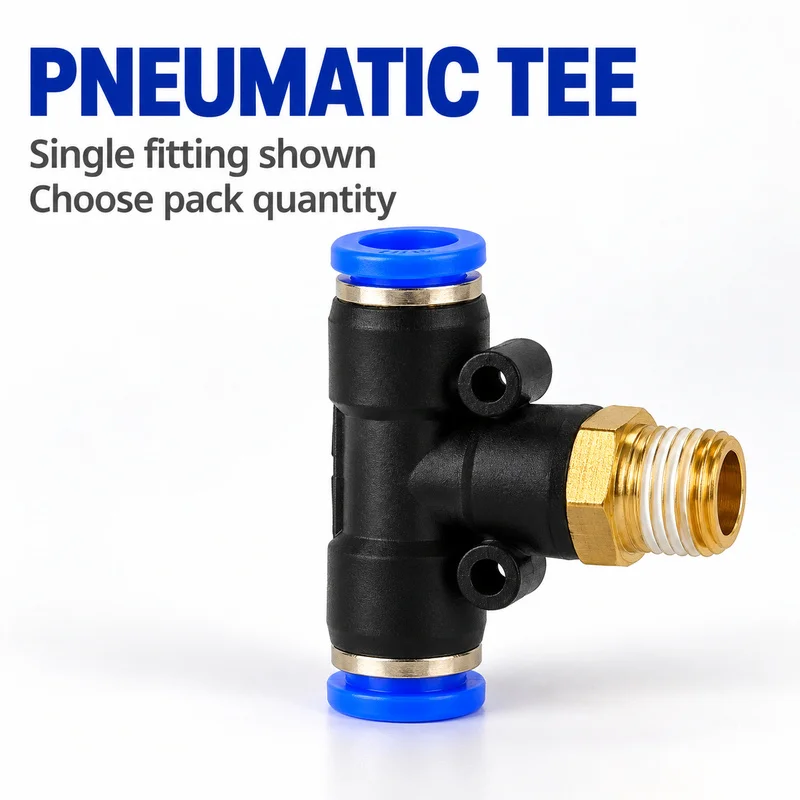 Air Line Push to Connect PB Male Tee Fittings 4 6 8 10 12mm Tube M5 BSP Thread 3 Way Pneumatic Connector 50 100 500 Pieces