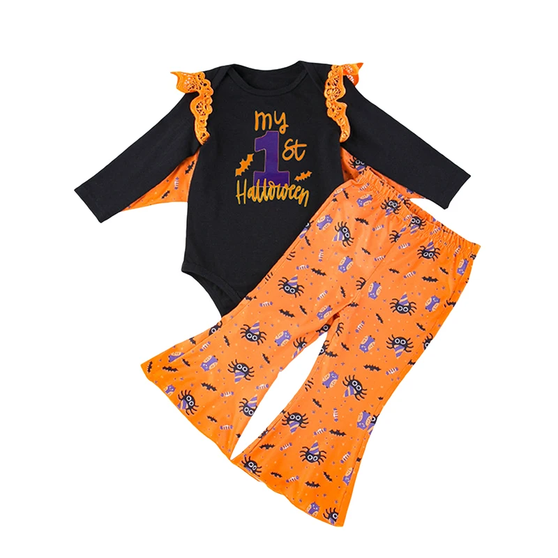 

Baby Girl Halloween Outfits Letter Print Bat Wing Long Sleeve Romper Spider Print Flare Pants 2Pcs Clothes Set