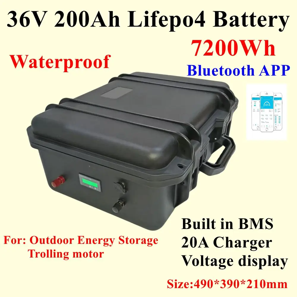 

Waterproof 36V 200Ah LifePo4 Battery pack,with BMS for 3000w 6000W 7000W trolling motor Outdoor energy storage+20A Charger